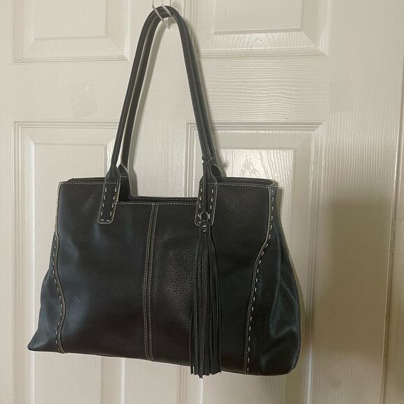 Franklin Covey Black Genuine Leather beige stitch shoulder bag tassel accent - Picture 2 of 13